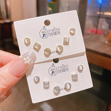 2025新品几何猫眼石高级感方形耳钉三对装 韩版轻奢超闪耳钉套装