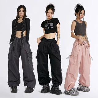定制跨境外贸美式高街抽绳工装休闲裤女高腰宽松直筒百搭阔腿长裤