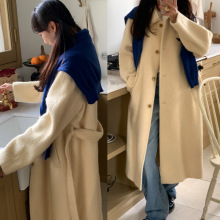 韩国chic秋冬复古翻领保暖宽松单排扣中长款毛呢外套呢子大衣女