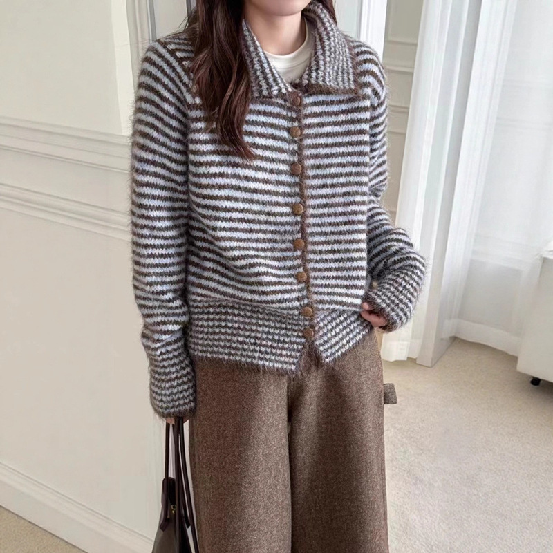 外贸拼色条纹毛衣外套女2025秋冬新款软糯慵懒风立领设计开衫外套|undefined