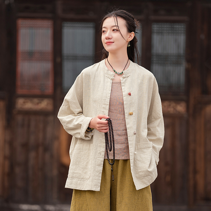 25秋原创国风苎麻拼色盘扣立领开衫上衣女式中式禅修打坐棉麻外套
