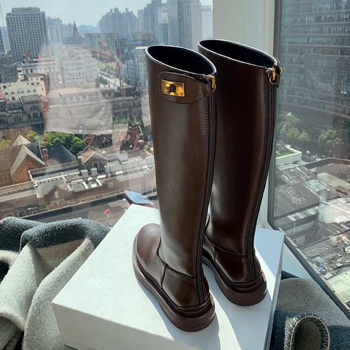 Grape Mom's British Style High Boots Autumn fleece-lined plus size Women's Boots 41-43 chubby girl Widened Boots