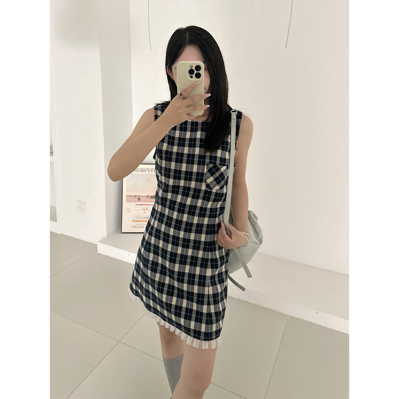 【Limited stock available】2026 Autumn New Korean Style/Blue Plaid Round Neck Sleeveless Waist-Cinching TR Dress 【Limited stock available】2026 Autumn New Korean Style/Blue Plaid Round Neck Sleeveless Waist-Cinching TR Dress