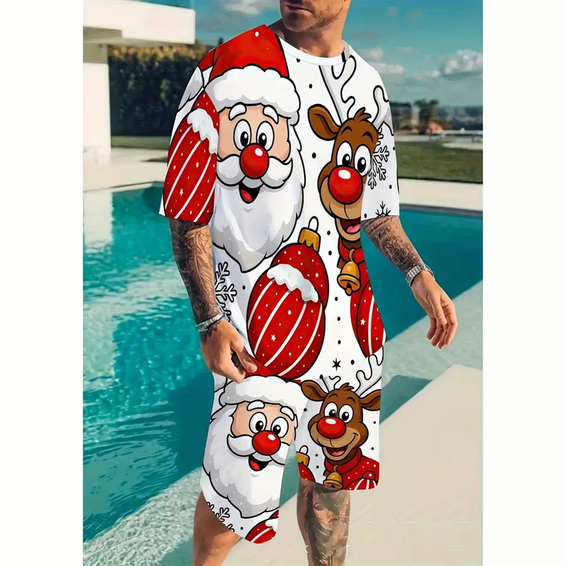 26 Christmas Themed 3D Printed Short-Sleeved Suit Men's Summer Loose Casual Two-Piece Set Trendy Personalized Home Wear