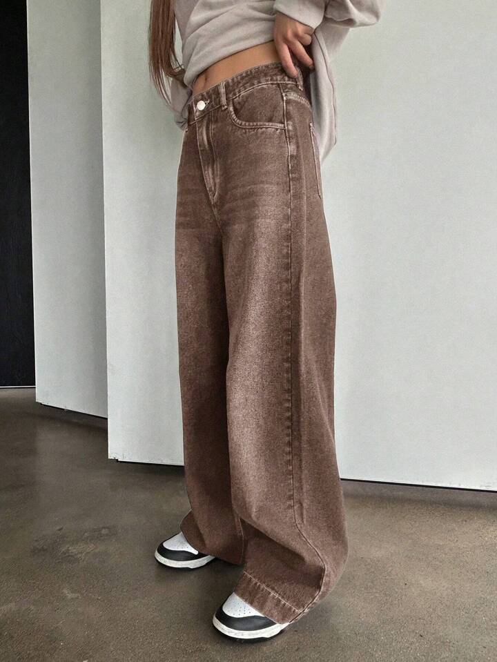 High-Waisted Straight-Leg Coffee-Colored Washed Jeans for Women, Vintage Loose American-Style Gradient Brown Long Pants, Vibe Wide-Leg Pants