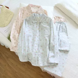 春夏季纯棉纱布睡衣清新碎花长袖长裤套装小翻领花边薄款家居服