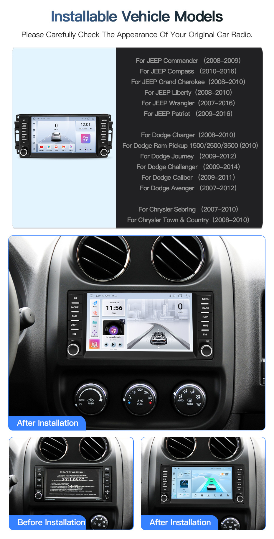 Suitable for Jeep Wrangler, Compass, Patriot Car Central Control Screen Navigation, Reversing Image, Car Play