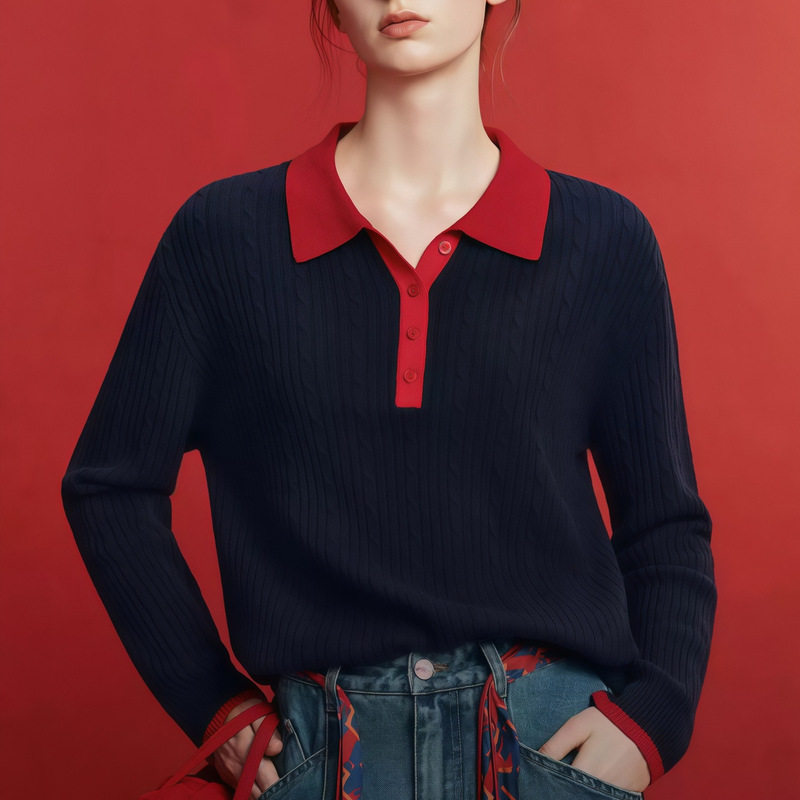 Retro wool outerwear, a new year's polo-neck sweater for women, 2026 early autumn collection, slimming and versatile knit top