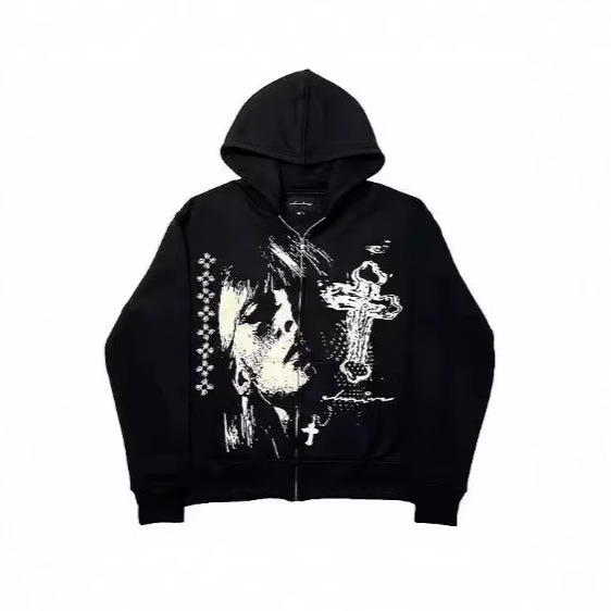 Men's Clothing New Graffiti Letters Zipper Cardigan Hooded Sweatshirt Women Spring And Autumn Thin American Lazy Style Short Jacket_viptrois.com