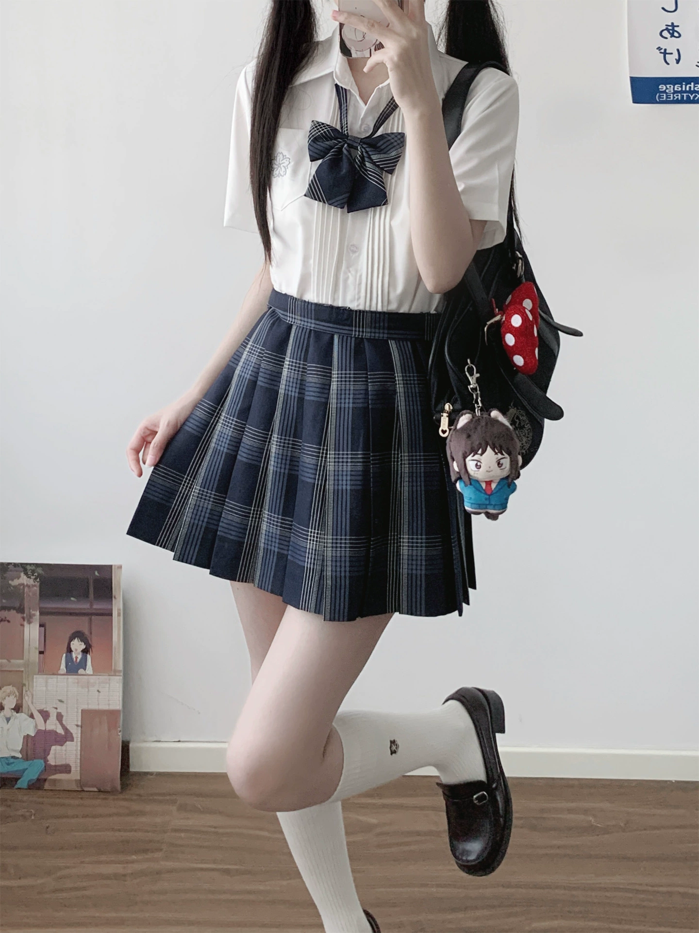 Japanese genuine uniform, blue colored plaid pleated skirt
