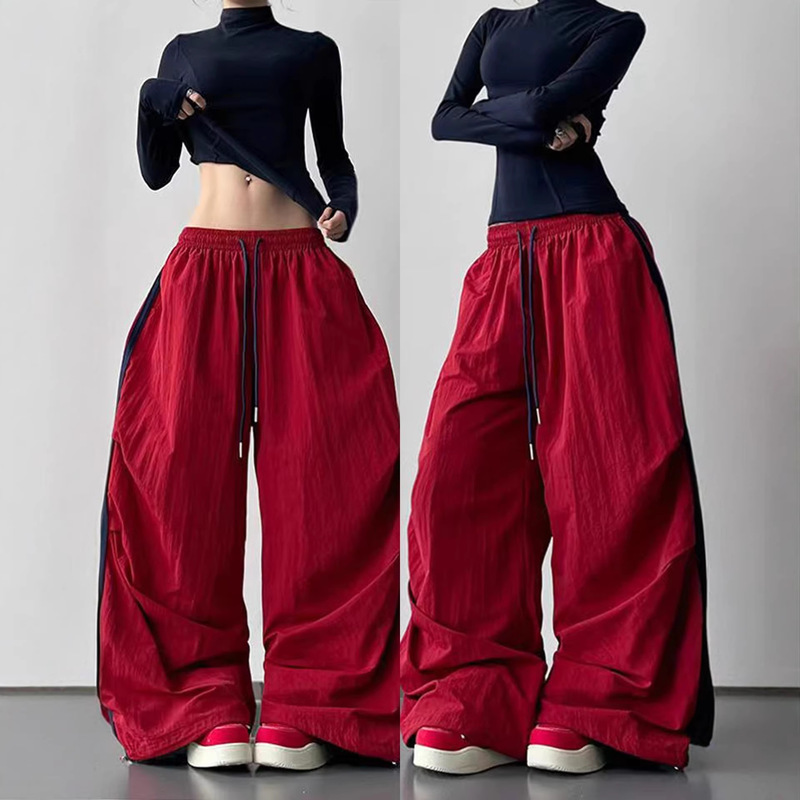 American Retro Casual Wide-Leg Pants for Women, Red Elastic Waist Straight-Leg Long Pants, Tall Size Sports Pants, Slimming Work Pants American Retro Casual Wide-Leg Pants for Women, Red Elastic Waist Straight-Leg Long Pants, Tall Size Sports Pants, Slimming Work Pants