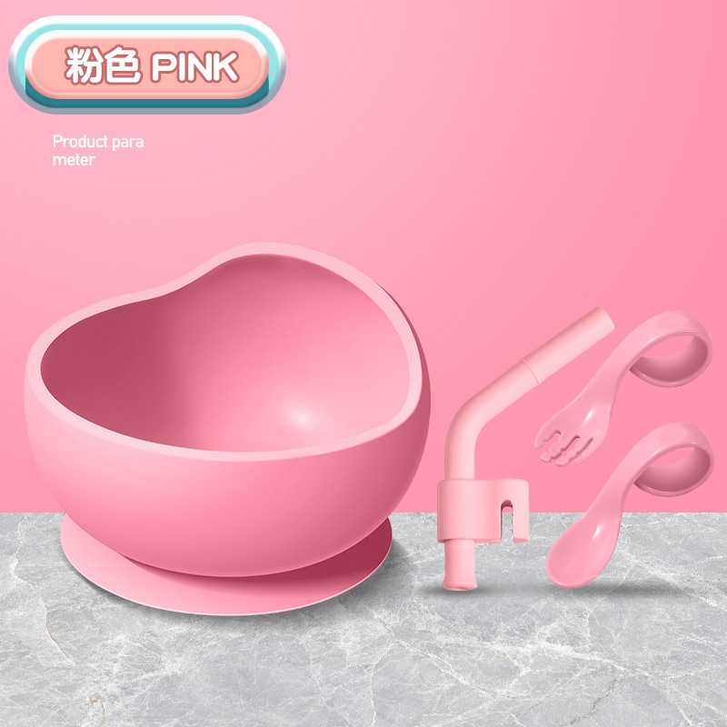 [복숭아가루] 풀 실리콘 흡착컵 그릇 + 트레이닝 스푼과 포크 + 수프 빨대