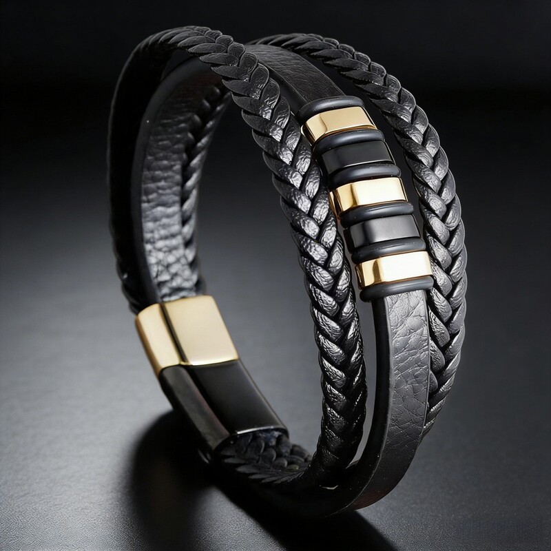 Cross-Border Best-Selling European and American Light Luxury Multi-Layer Woven Leather Bracelet, Men's Business Style Spliced Magnetic Clasp Bracelet Cross-Border Best-Selling European and American Light Luxury Multi-Layer Woven Leather Bracelet, Men's Business Style Spliced Magnetic Clasp Bracelet