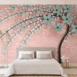 卧室装饰3D浮雕发财树壁纸北欧风餐厅酒店床头墙布手绘水彩树壁画