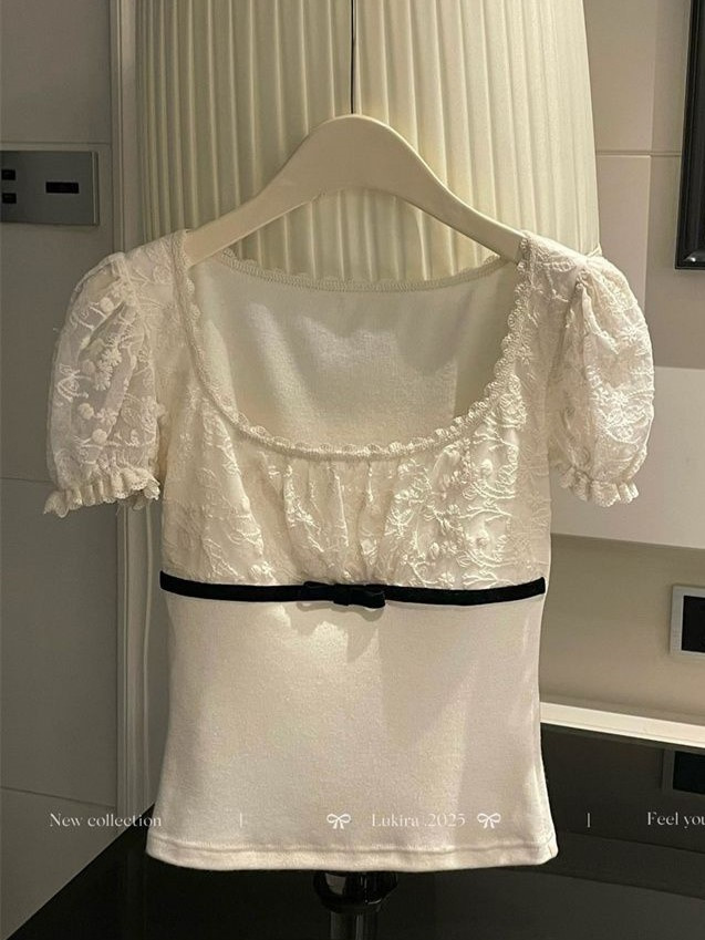 简漫妮 法式蕾丝泡泡袖短袖t恤女士夏季辣妹纯欲修身显瘦方领上衣