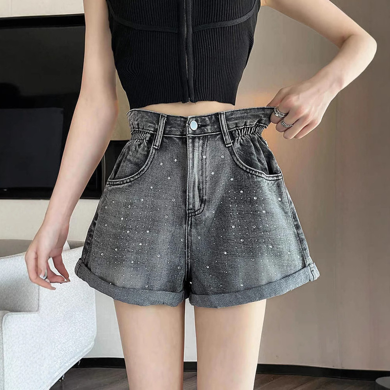 Heavy Industry Hot Drilling Denim Shorts Women's Summer 2025 New A- shape High Waist Design Feeling Curled Wide Leg Casual Pants