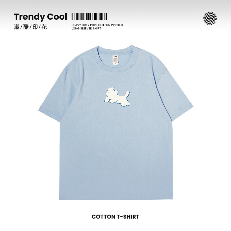 Summer new printed short sleeve T-shirt basic round neck fresh cute lovers shirt 230g heavy cotton loose