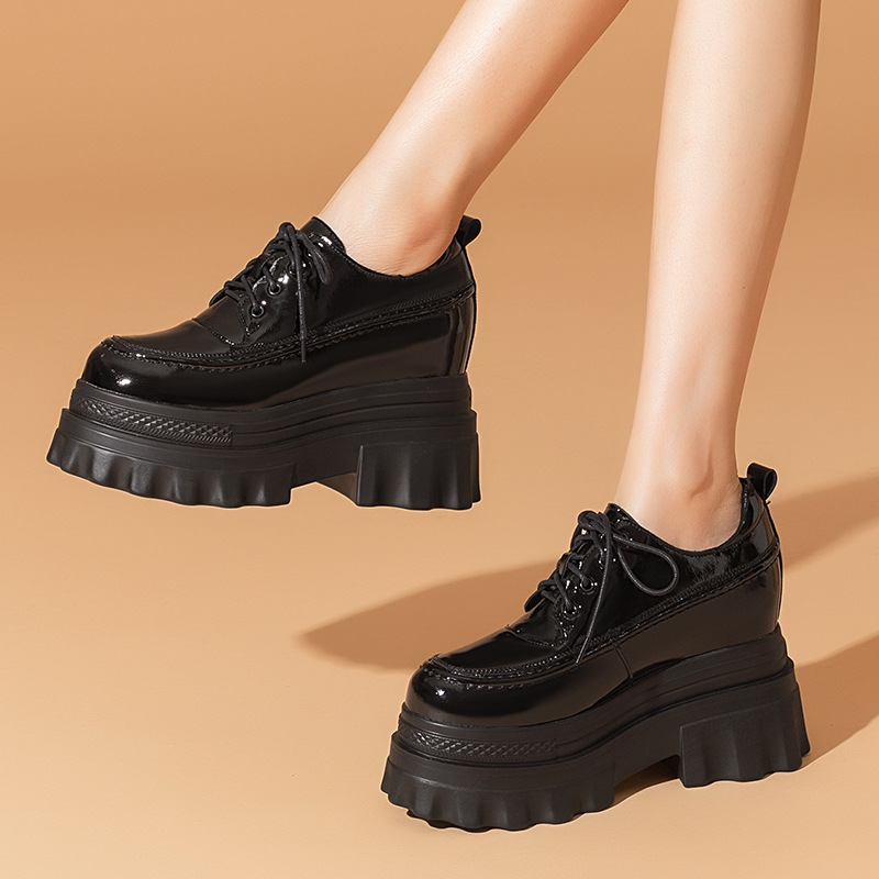 Giày platform đế dày da thật phong cách Anh, tăng chiều cao bên trong 10 cm — Màu đen