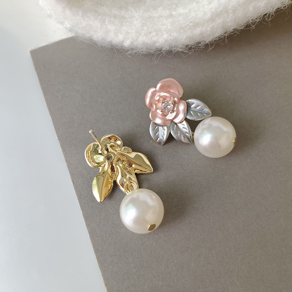 1 Pair Sweet Flower Enamel Plating Inlay Imitation Pearl Copper Zircon 14k Gold Plated Drop Earrings display picture 2