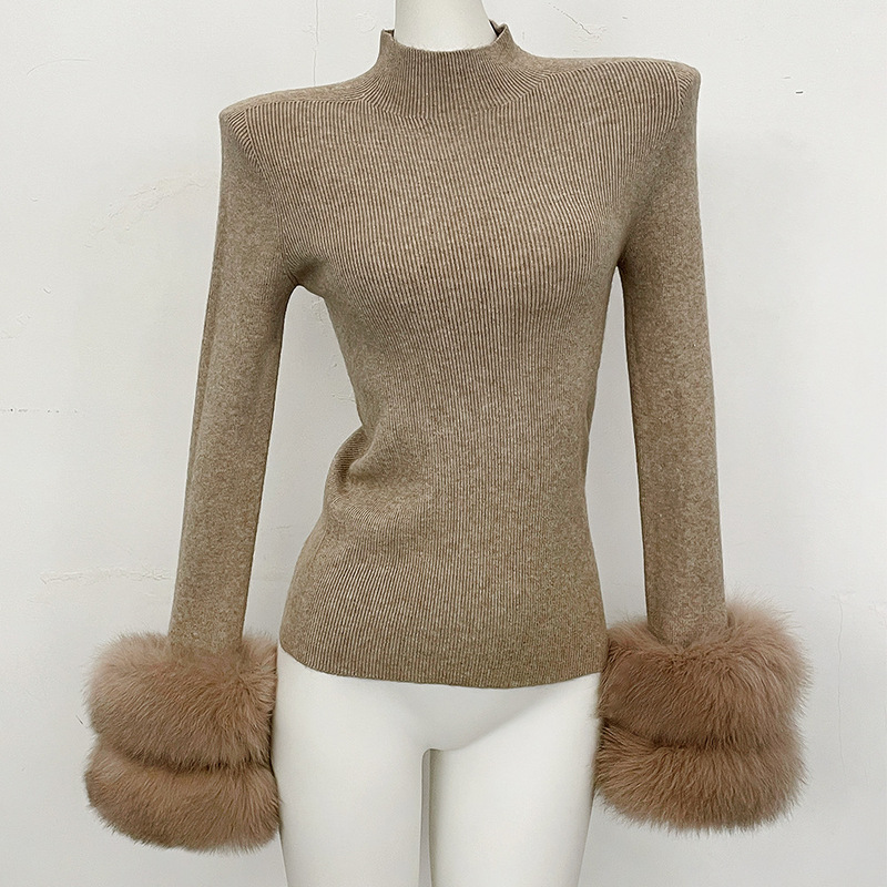 Women's Autumn and Winter Knit Sweater, Versatile for Layering or Wearing Alone, with Detachable Fox Fur Sleeves, Half-High Collar, Slim-Fit Base Shirt Women's Autumn and Winter Knit Sweater, Versatile for Layering or Wearing Alone, with Detachable Fox Fur Sleeves, Half-High Collar, Slim-Fit Base Shirt