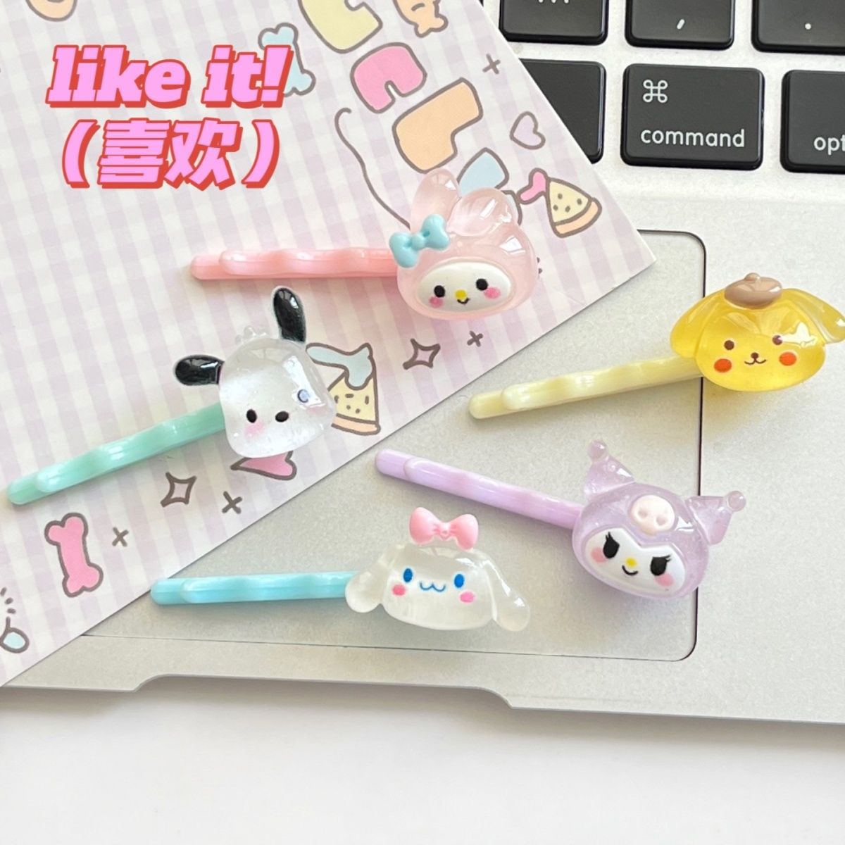 Cute Sanrio character one-word clip for Instagram girls, transparent with fine glitter, cartoon-style hair clip, sweet Japanese style, student fringe clip
