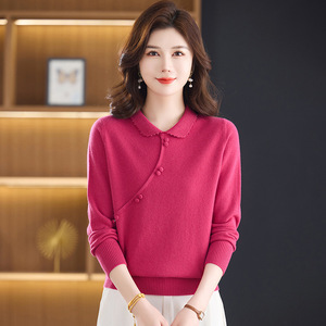 秋冬新款羊毛针织衫宽松长袖妈妈毛衣时尚Polo领打底衫100%羊毛，女装针织衫/毛衣，妃慕昵服饰
