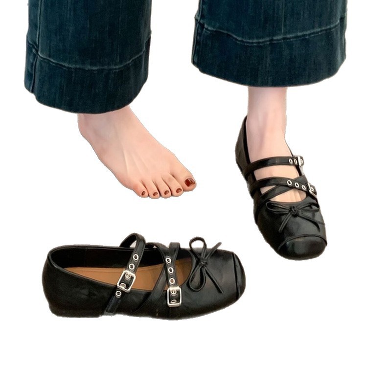 2026 nuevos zapatos franceses de verano con suela plana y poco profunda, zapatos de mujer con falda, zapatos de cuero