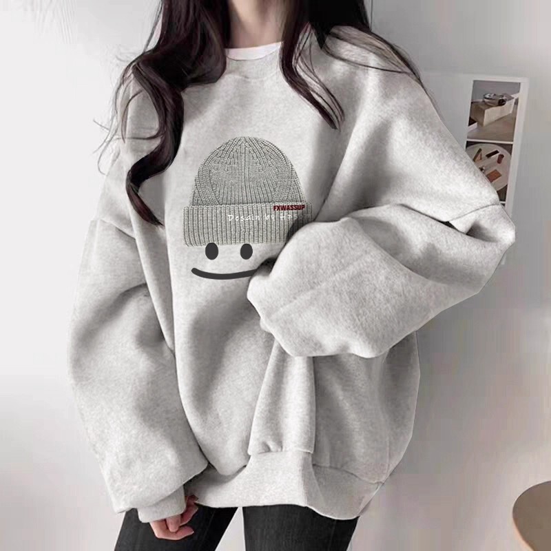 Autumn White Gray Round Neck Sweatshirt for Women 2025 New Hot Style Casual Versatile Fashionable Foreign Style Fleece-Lined Thickeneded Top