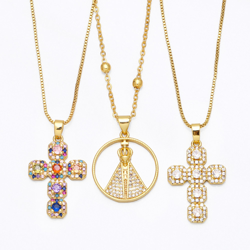 Fashion Copper Inlaid Colored Zircon Cross Pendant Necklace Jewelry display picture 1