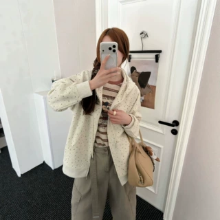 秋季韩系小波点连帽拉链外套女宽松休闲减龄慵懒风百搭卫衣开衫