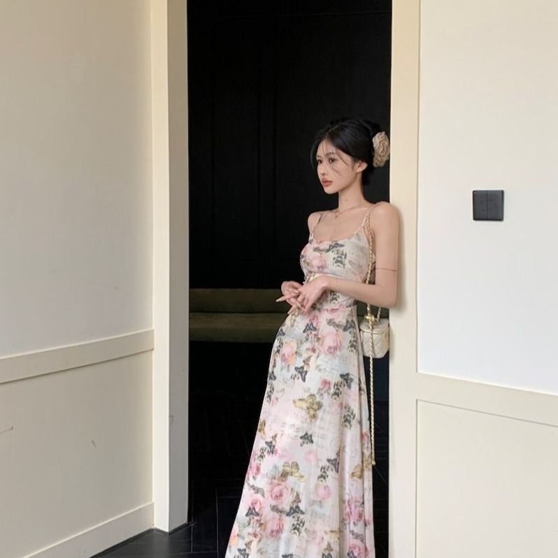 2025 新茶色の生の香り純粋な欲望スタイル花柄ドレス女性の夏の蝶プリントウエストサスペンダースカートロングスカート|undefined