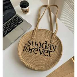 2023新款字母刺绣包时尚单肩斜跨圆形包手工编织棉绳包休闲旅行包
