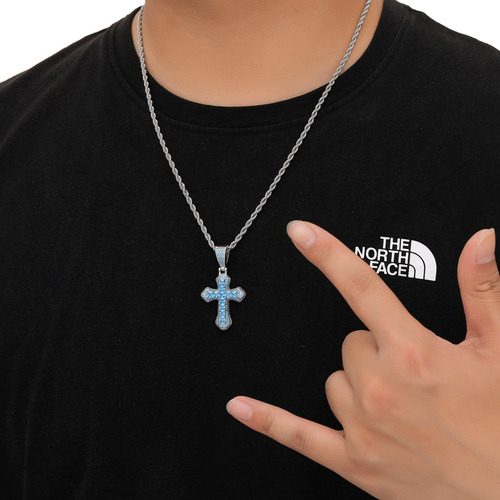 Blue Zirconium Cross Necklace Hip-Hop Fashion Heavy Work Diamond-Embedded Simple Clavicle Chain Unisex Pendant