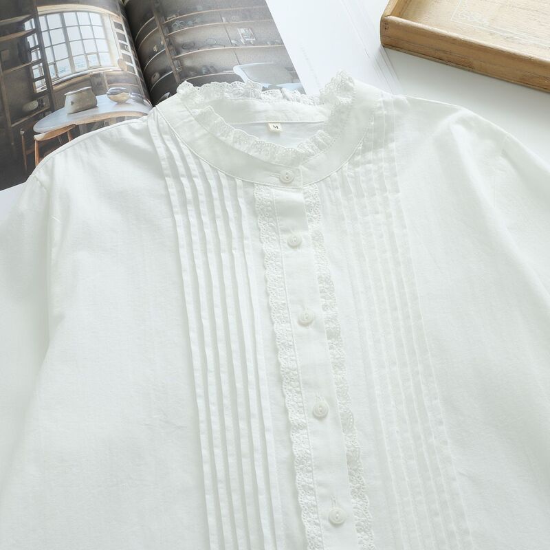 French Ruffle Lace Long-Sleeve Shirt for Women 2025 New White Design Gentle Splicing Blouse Autumn Top