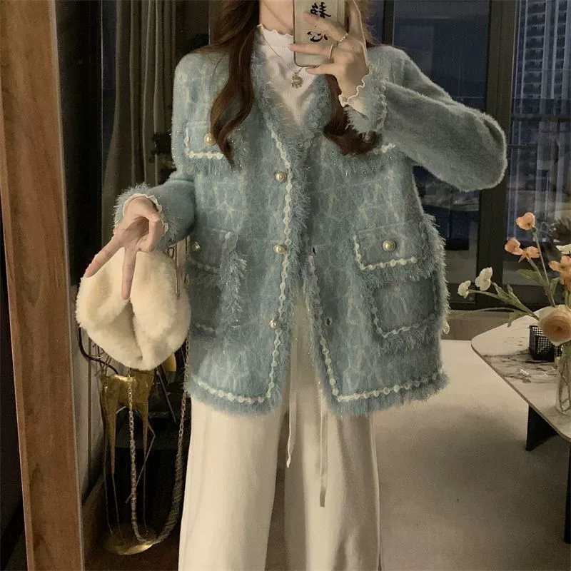 Демисезонная куртка, кардиган, шелковый свитер, стиль Chanel, V-образный вырез, плюс размер, свободный крой