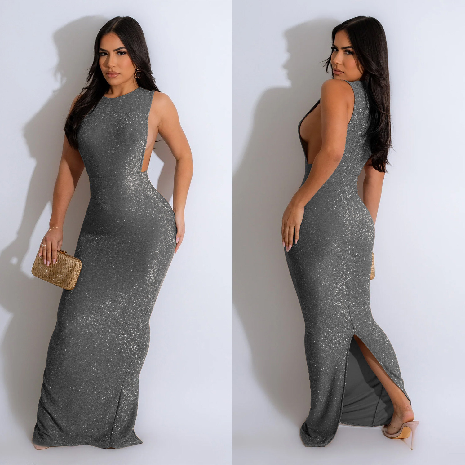 C6791 transfronteriza AliExpress Amazon moda europea y americana de las mujeres de color sólido cuello redondo sin mangas vestido partido image 4