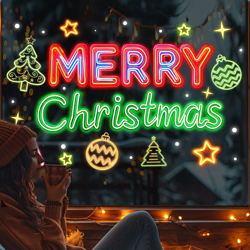Aike JD4654 クロスボーダー新クリスマスネオン英語ガラスステッカーショップ引き戸装飾静電ステッカー|undefined