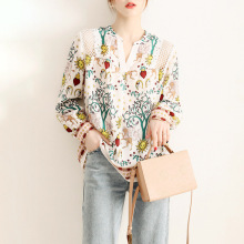 欧洲站2025春秋新款V领印花雪纺衬衫女宽松镂空百搭上衣洋气小衫