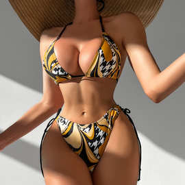 跨镜亚马逊新款欧美性感透视露背比基尼跨境印花吊带抽绳分体泳衣