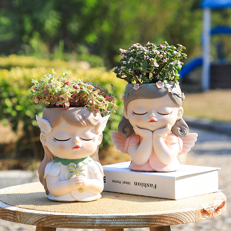 Chậu Cây Resin Chậu cây resin hình cô gái yêu tinh, chậu mọng nước mini, trang trí nhà, văn phòng và tiểu cảnh (RG-54)