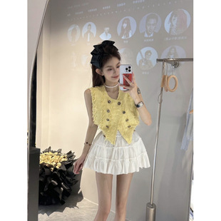Summer Korean New Style Small Fragrance High-End Double-Breasted Thick Floral Vest + High-Waist Slimming Look Tutu Skirt Suit for Women
