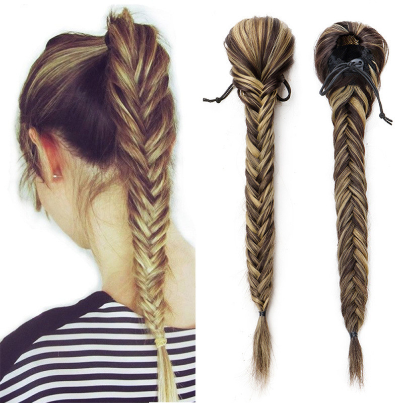 Cross-Border Free Shipping Wig for Women, Fishbone Braided Ponytail, Drawstring Net Style Wig Ponytail, Realistic and Natural