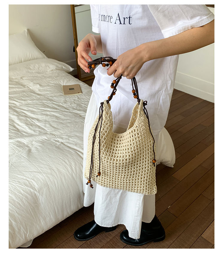 Summer woven beaded single-shoulder bag for women, large capacity, retro and fashionable, hollowed-out casual vacation style underarm crossbody bag undefined