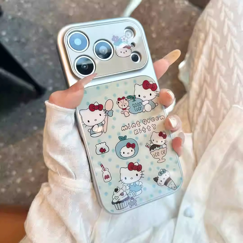 Green Kitten Style Lambskin Phone Case for Apple 17Promax with High Aesthetic Value and Large Window Design, Suitable for iPhone 16 for Girls