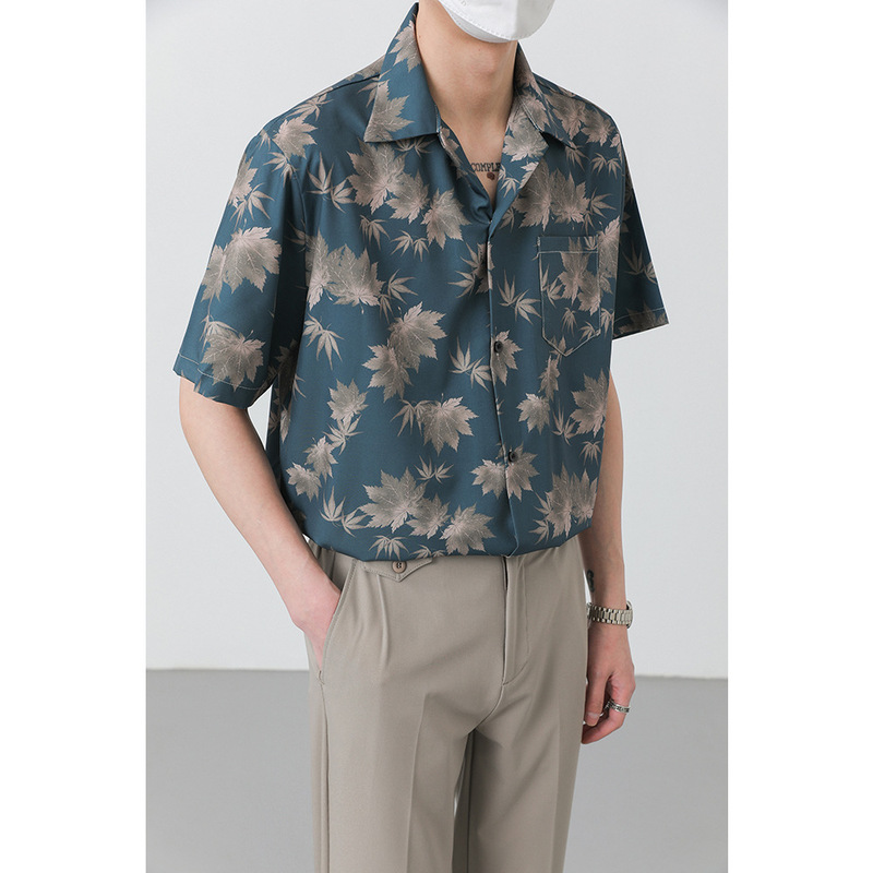 Hong Kong-style Cuban Collar Shirt Short-sleeved Men's 2025 New Style Hawaiian Casual Beach Floral Vintage Shirt Summer