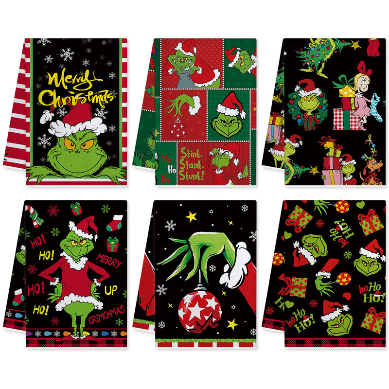 Christmas Grinch Pattern Microfiber Dish Towel Household Kitchen Absorbent Dish Cloth Printed Cleaning Cloth