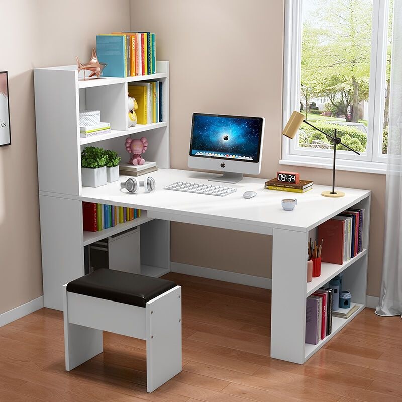 Double Desk with Bookshelf, Student Study Desk, Desktop Table, Home Desk, Work Desk, Computer Desk by the Window