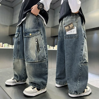 男童工装牛仔裤春秋款2026新款中大儿童男孩潮牌帅气宽松直筒长裤