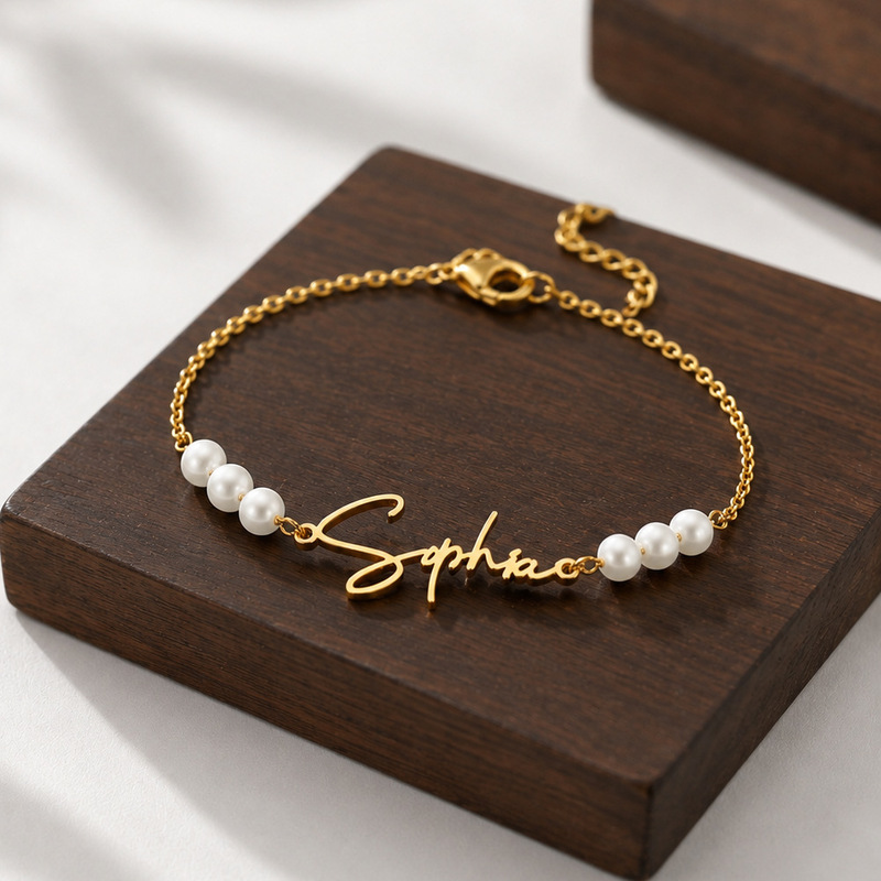 New European and American style English name bracelet with double-sided pearls, O-shaped thin chain, adjustable, women's model, anti-fading, available for single-piece purchase New European and American style English name bracelet with double-sided pearls, O-shaped thin chain, adjustable, women's model, anti-fading, available for single-piece purchase