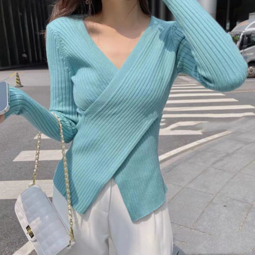 Spring/Summer 2025 Women's Cross-Design All-Match Long-Sleeve Slimming Base Layer Knit Top – Trendy & Chic Innerwear